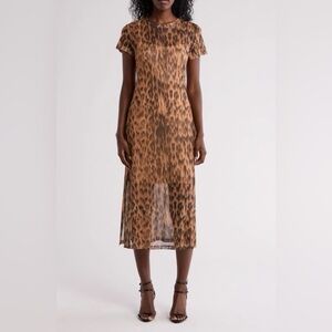 Steve Madden Nola Dress Leopard Print Sheer Midi Dress with base slip- Brown